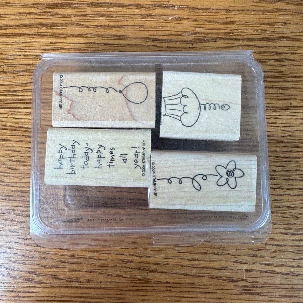 Stampin Up Birthday Best 2004 Wood Mounted Rubber Stamp Set of 4 Cupcake Balloon